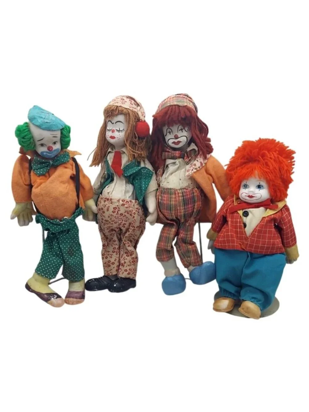 Porcelain Hobo Clown Figurine Doll w/ Display Stand Set of 4 Vintage Collectible